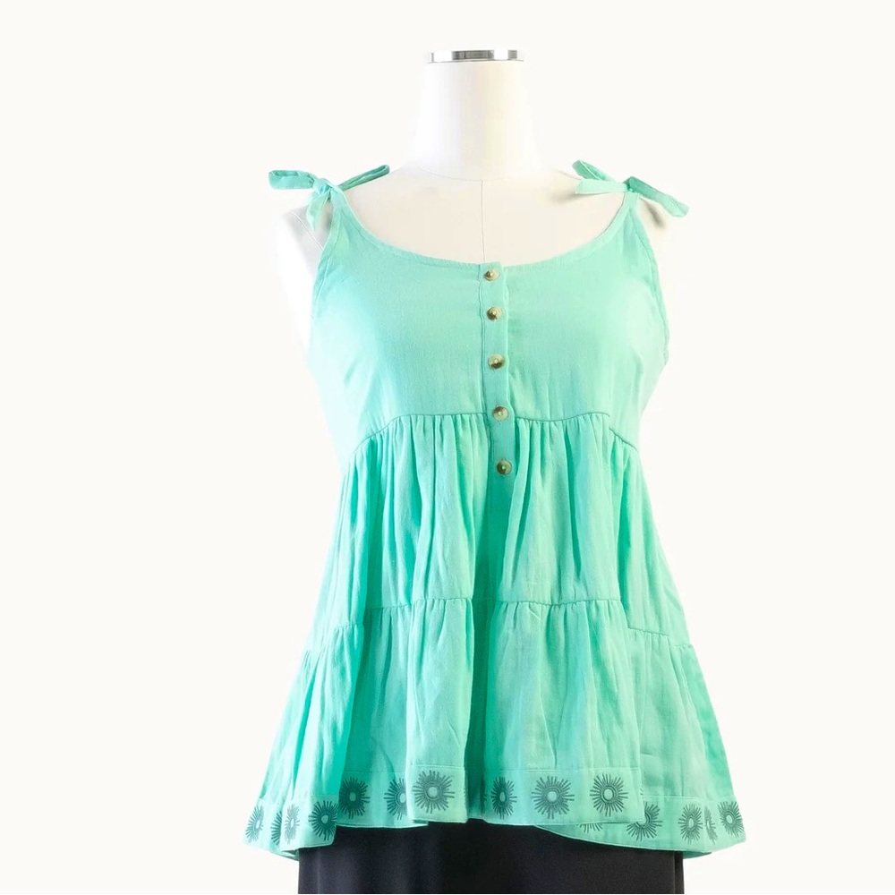 WOMENS EMBROIDERED SPAGHETTI TIE PRARIE TOP ORGANIC COTTON GAUZE YUCCA W XS